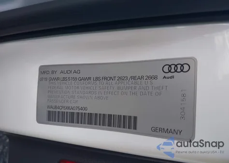 2019 Audi S5 3.0T Premium z USA, uszkodzony, nr VIN WAUB4CF5XKA075400